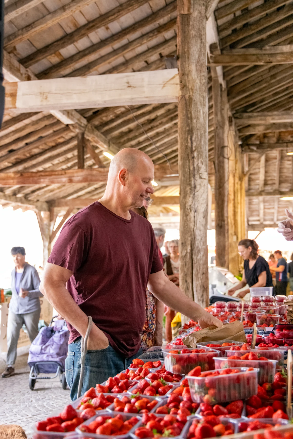 Chef Jacquy Pfeiffer shopping at the farmers market in Southwestern France.